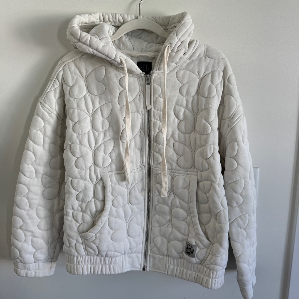 BDG Quilted White Hoodie Jacket with Butterfly Stitching